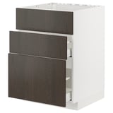 ModernMETOD kitchen unit with 3 dark gray sinarp drawers and white frame.