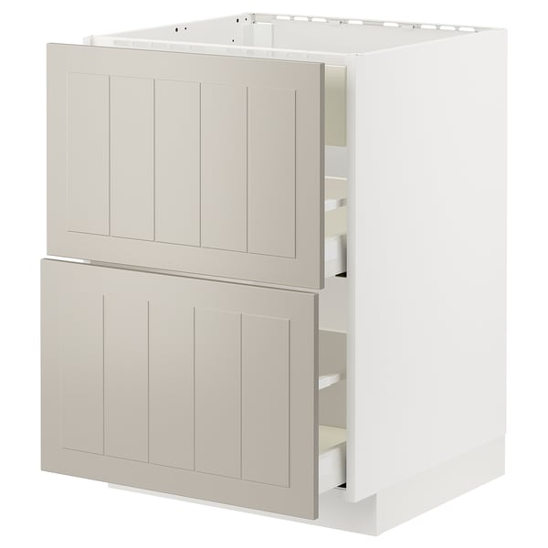 This image shows an ikea METOD kitchen cabinet in beige. It a base cabinet with two drawers and a 25-year guarantee.