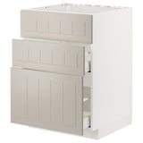 Modern beige kitchen cabinet with two drawers and one door, part of ikeas METOD system.