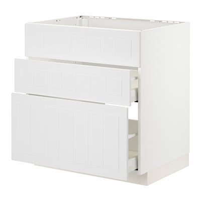 METOD white cabinet, boxy shape with three drawer fronts, smooth design.