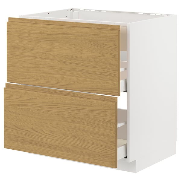 Modern white and oak cabinet with single drawer for kitchen.