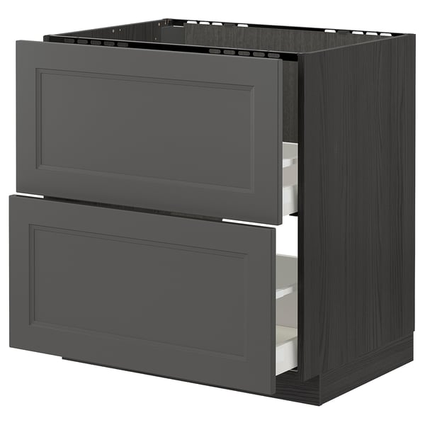 METOD kitchen unit in dark gray with wood grain design.