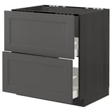 METOD kitchen unit in dark gray with wood grain design.