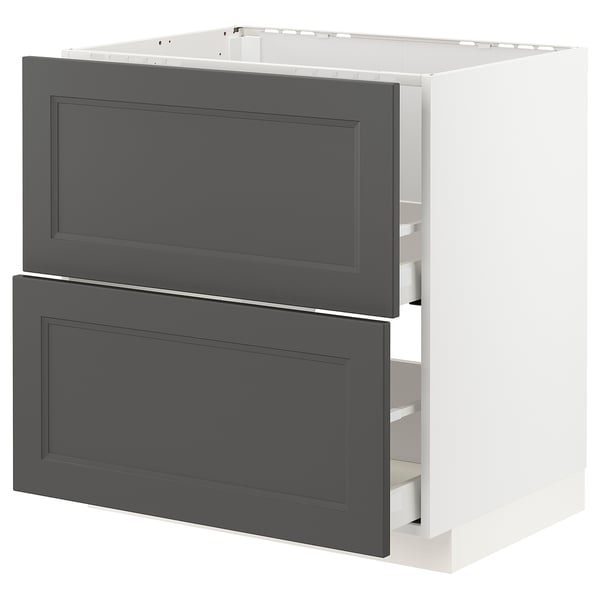 METOD kitchen base with dark grey drawer fronts, white frame, two drawers, rectangular.