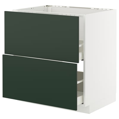 An ikea METOD kitchen cabinet with dark green havstorp drawers. It two drawers and a white base, offering modern storage.