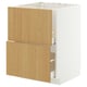 A white and light oak kitchen cabinet with two fully extendable drawers.