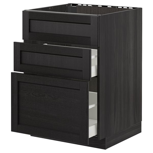 Black stained wooden kitchen drawer unit with three open drawers, modern design.