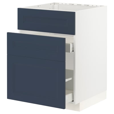 Blue drawer unit, modern design, white base, integrated kitchen cabinet, sleek lines.
