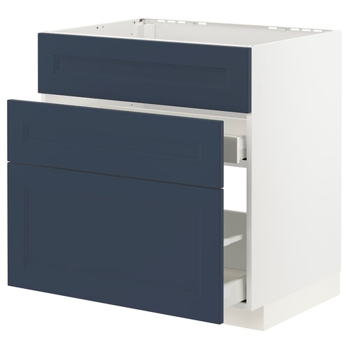 METOD kitchen unit with blue axstad drawers, white base, three drawer design.