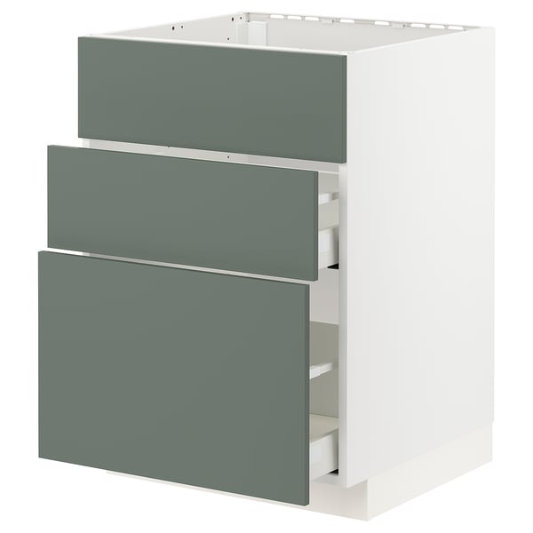 Modern kitchen cabinet: METOD, grey-green, three drawers, flat front, sturdy white frame.