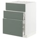 Modern kitchen cabinet: METOD, grey-green, three drawers, flat front, sturdy white frame.