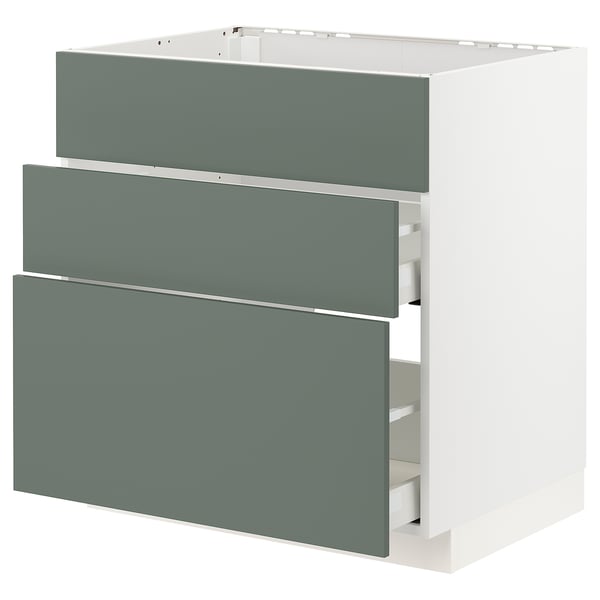 Modern grey-green METOD kitchen cabinet with 3 smooth drawers, sleek design.