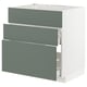 Modern grey-green METOD kitchen cabinet with 3 smooth drawers, sleek design.