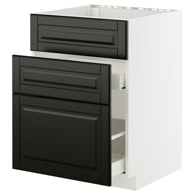 Modern kitchen cabinet, white with black drawers, sleek beveled edges, sturdy box shape, designed by ikea.