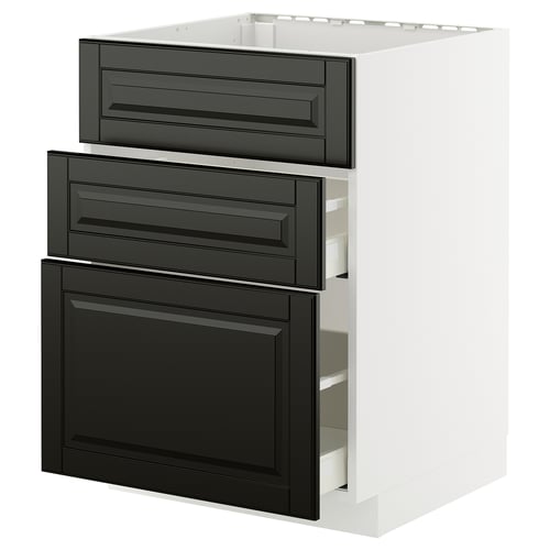 Modern white kitchen cabinet with black drawers and door, sleek design.