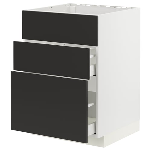 METOD white cabinet with three black drawers. Modern and organised design for kitchen storage.