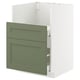 Green kitchen cabinet with two drawers and a timber frame, modern design for storage.