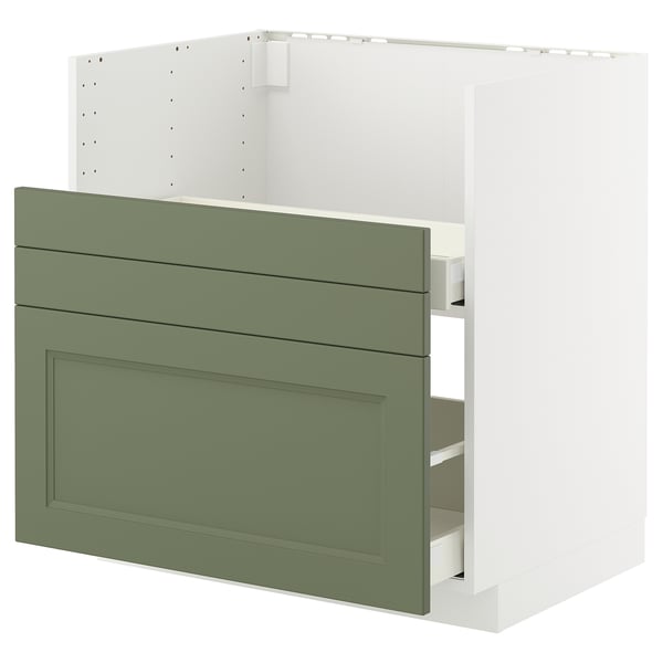 Modern kitchen cabinet: METOD in green with drawers and sturdy frame.