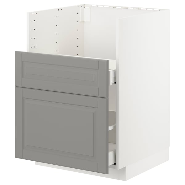METOD kitchen unit in grey with white frame, three drawers, wooden look.
