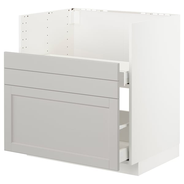 A white METOD kitchen cabinet with a light grey lerhyttan panel design, featuring multiple drawers and a sturdy frame.