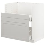 A white METOD kitchen cabinet with a light grey lerhyttan panel design, featuring multiple drawers and a sturdy frame.