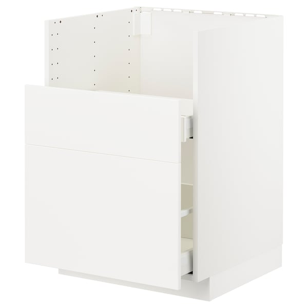 White modern kitchen cabinet set. Smooth drawer fronts, sleek design.
