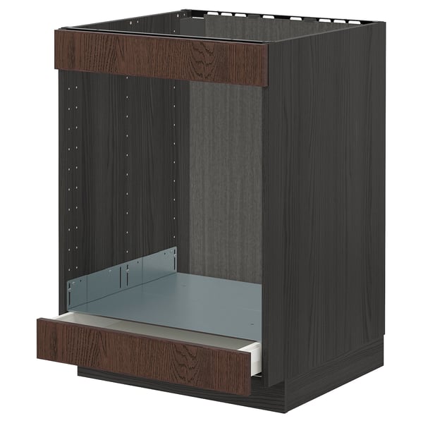 METOD kitchen unit, dark brown. Solid wood drawer, metal rails. Tall, square, black panel sides.