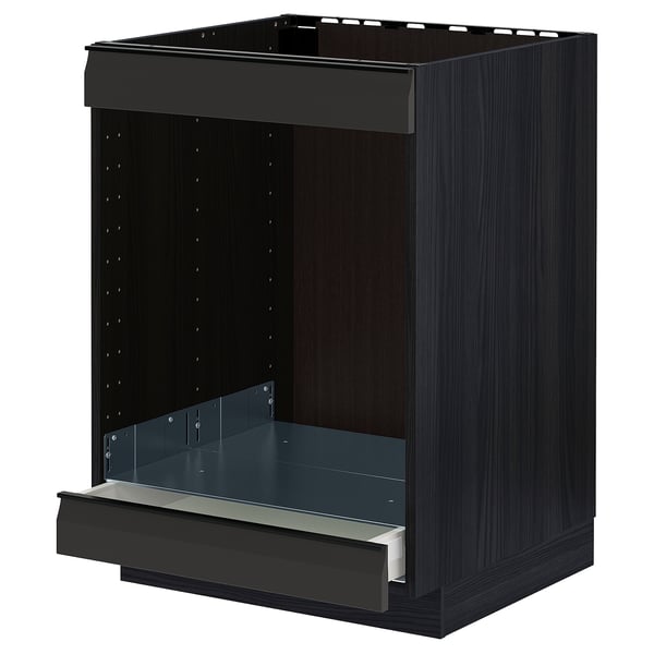 This is an an ikea METOD kitchen unit in black. It is square-shaped with a single drawer pulled out.
