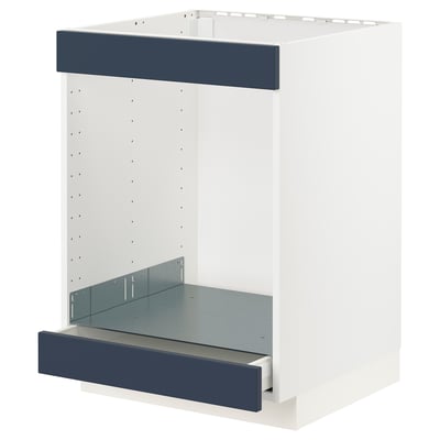 Ikea METOD kitchen unit in white with blue drawers.