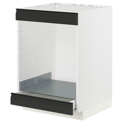 A METOD kitchen unit in white with a black drawer front. It an open compartment and a full-extension drawer with a matte black finish.
