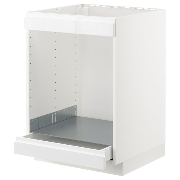 White METOD kitchen cabinet frame, minimalist design, with integrated drawer, made from particleboard and steel.