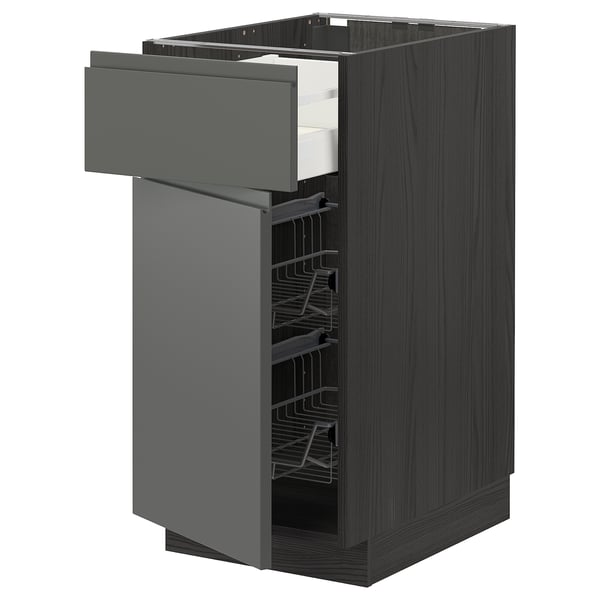 Modern grey kitchen unit: tall cabinet with drawers and pull-out wire rack.