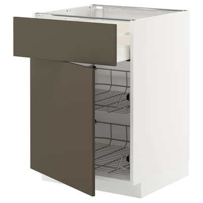 This image shows a white ikea METOD kitchen cabinet with dark brown havstorp drawers and wire storage baskets.