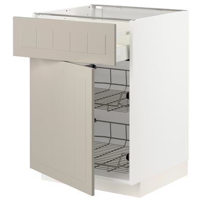 METOD kitchen cabinet in beige with pull-out wire baskets and a drawer.