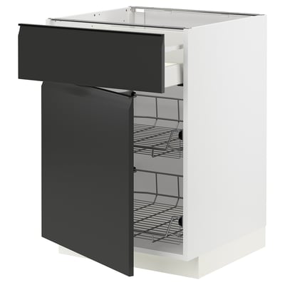 Modern white kitchen cabinet with matte black drawer; metallic racks, sleek edges.