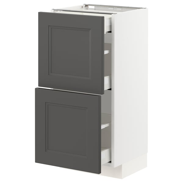 METOD kitchen cabinet in white and dark grey. Two grey drawers and a single door, modern timeless design.