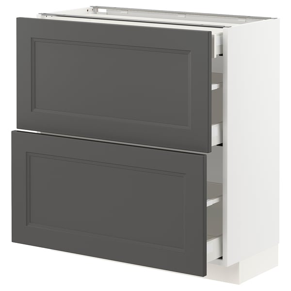 Modern kitchen cabinet: METOD with dark grey axstad doors, white frame, rectangular drawers, smooth close.