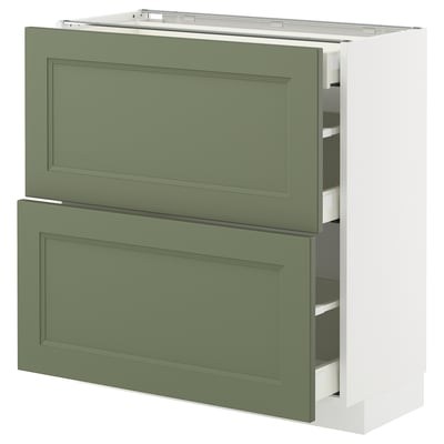 METOD kitchen unit, grey-green, boxy design, with two open drawers.