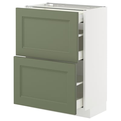 A METOD kitchen unit with grey-green axstad drawer fronts, featuring two open drawers on a white cabinet.