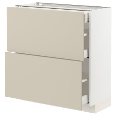 Modern kitchen cabinet: METOD, beige, white & beige, rectangular, sleek handles, three drawers with self-close.