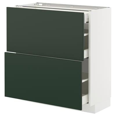 Ikea METOD kitchen unit, green drawer fronts, white base, rectangular.