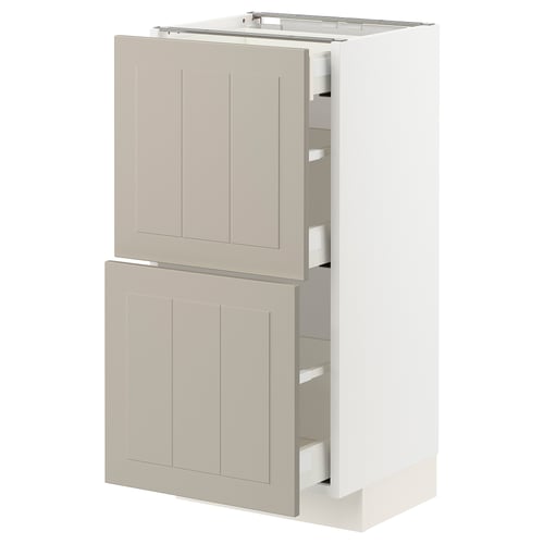 Modern kitchen cabinet, white with beige doors, two drawers, minimalist design.