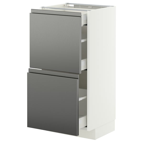 METOD / MAXIMERA Base cab with 2 fronts/3 drawers, white/Voxtorp stainless steel effect, 40x37 cm