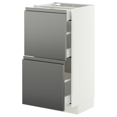 METOD / MAXIMERA Base cab with 2 fronts/3 drawers, white/Voxtorp stainless steel effect, 40x37 cm