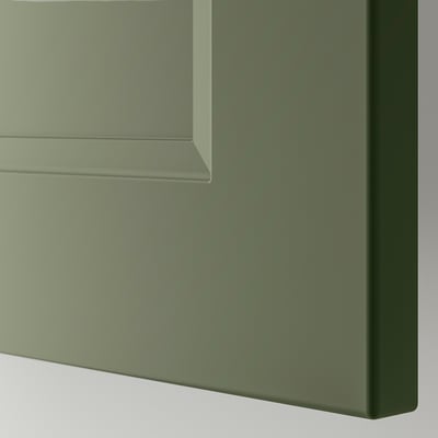 Close-up of modern kitchen drawer in smooth grey-green.