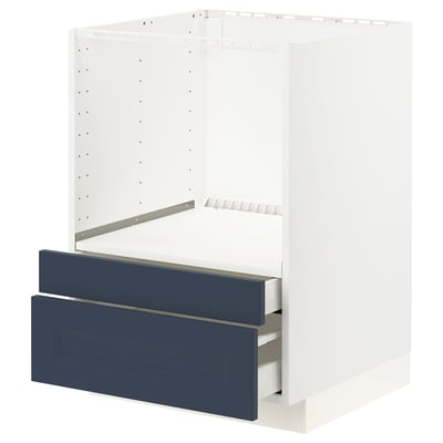 An IKEA METOD kitchen unit in white with blue drawers. The unit two drawers, one on top of the other, with a sleek, modern design.