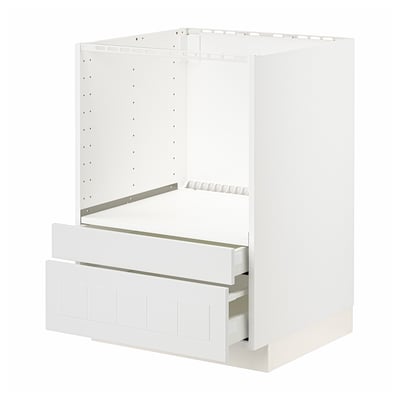 White METOD kitchen cabinet with two drawers and open top, featuring particleboard, steel and melamine materials.
