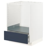 A white METOD kitchen cabinet with a blue drawer, featuring a modern design and a sturdy frame.