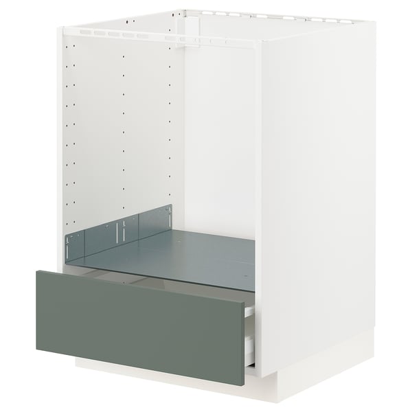 An IKEA METOD kitchen unit in white with a grey-green drawer. Its a modular system featuring a strong frame and a self-closing drawer.