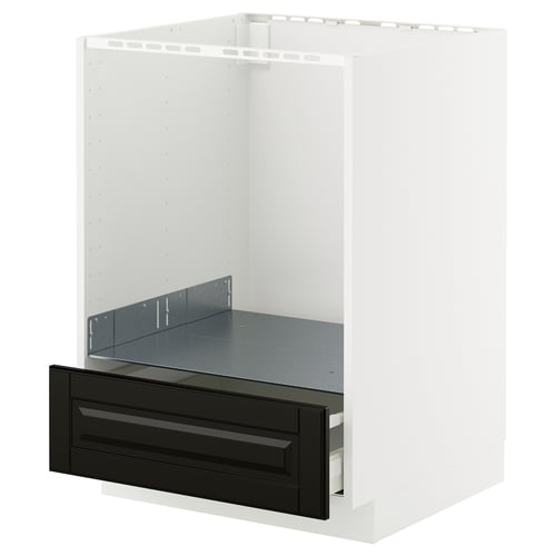 METOD white cabinet with black drawer, modern design, smooth close mechanism.